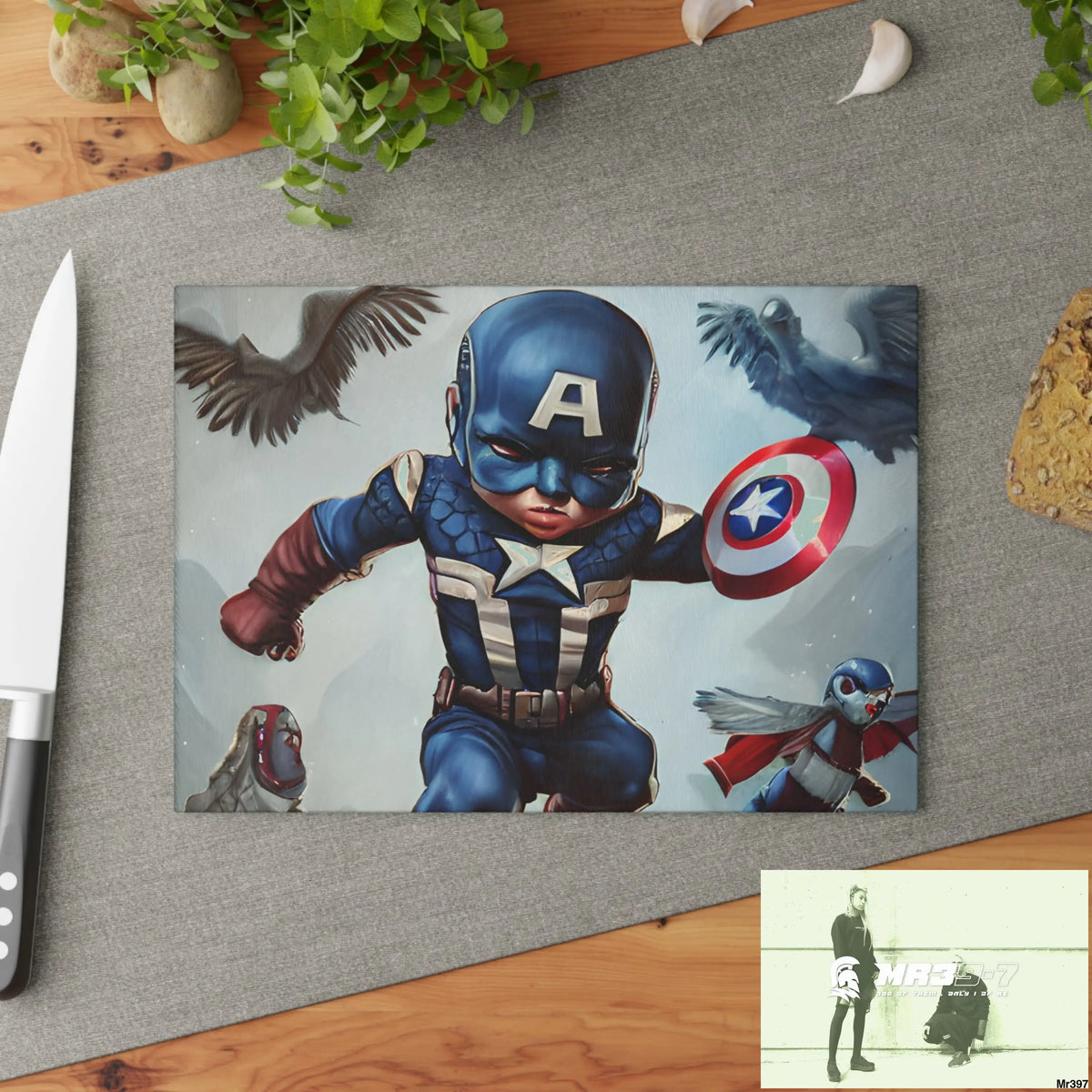 Cute Adorable Super Hero Baby Captain America Symmetrical Hyper Realistic Cutting Board Home Decor