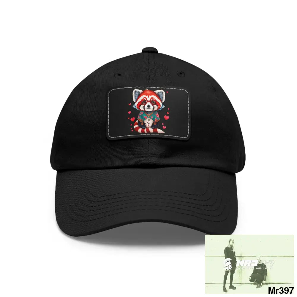 Cute Red Panda with Love hearts Dad Hat with Leather Patch (Rectangle) Black / Black patch / Rectangle / One size Hats