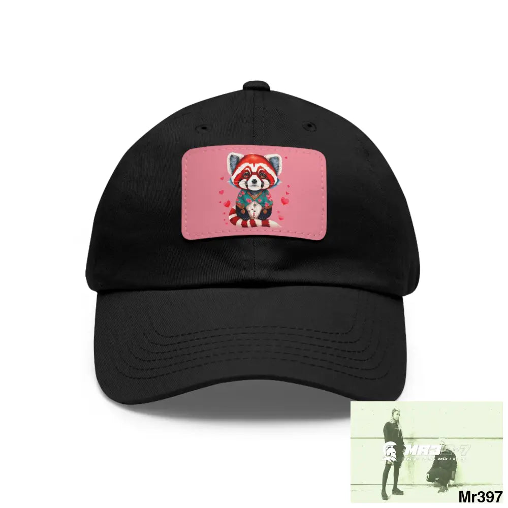 Cute Red Panda with Love hearts Dad Hat with Leather Patch (Rectangle) Black / Pink patch / Rectangle / One size Hats