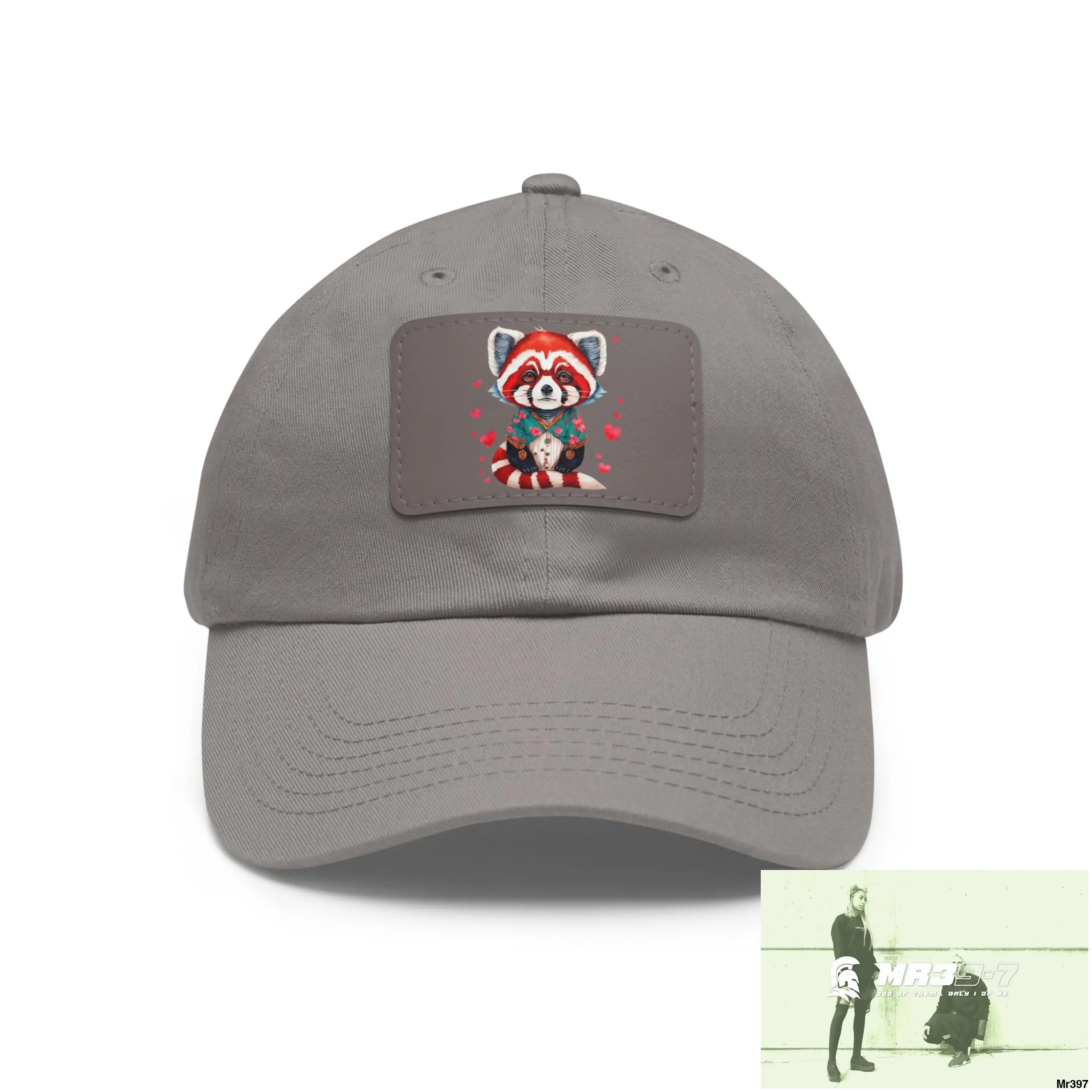 Cute Red Panda with Love hearts Dad Hat with Leather Patch (Rectangle) Grey / Grey patch / Rectangle / One size Hats
