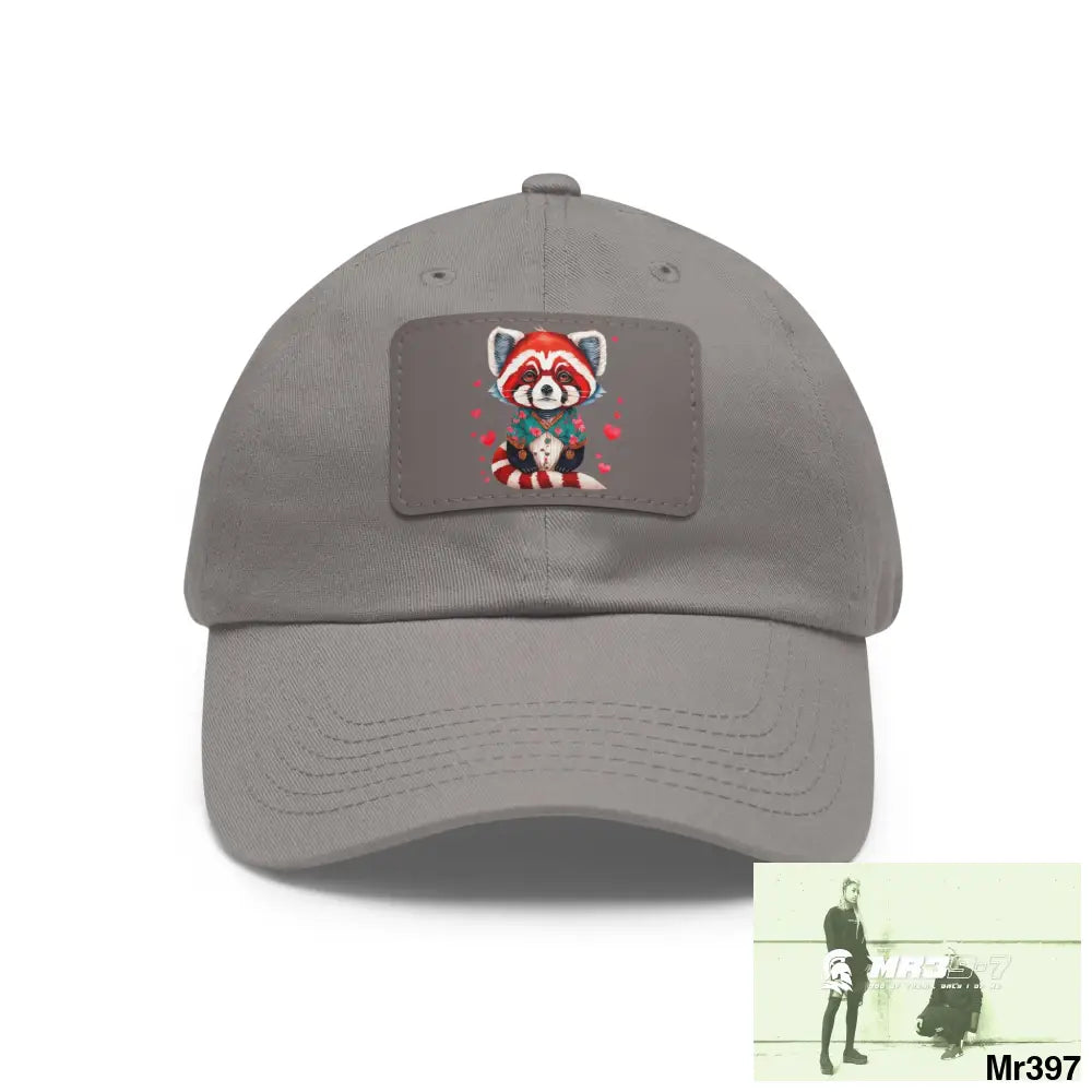 Cute Red Panda with Love hearts Dad Hat with Leather Patch (Rectangle) Grey / Grey patch / Rectangle / One size Hats
