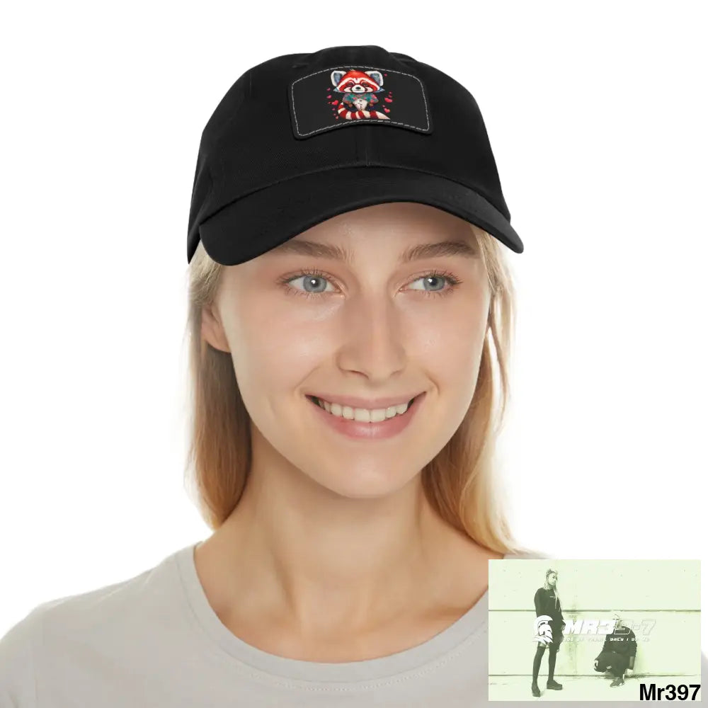 Cute Red Panda with Love hearts Dad Hat with Leather Patch (Rectangle) Hats