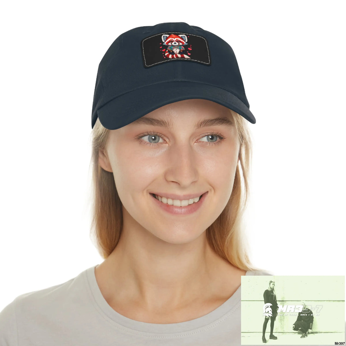 Cute Red Panda with Love hearts Dad Hat with Leather Patch (Rectangle) Hats