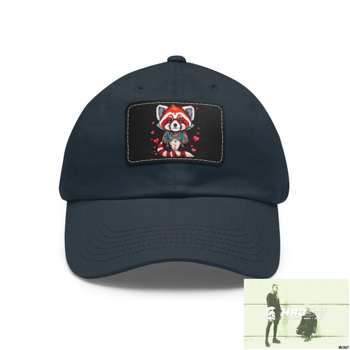 Cute Red Panda with Love hearts Dad Hat with Leather Patch (Rectangle) Navy / Black patch / Rectangle / One size Hats