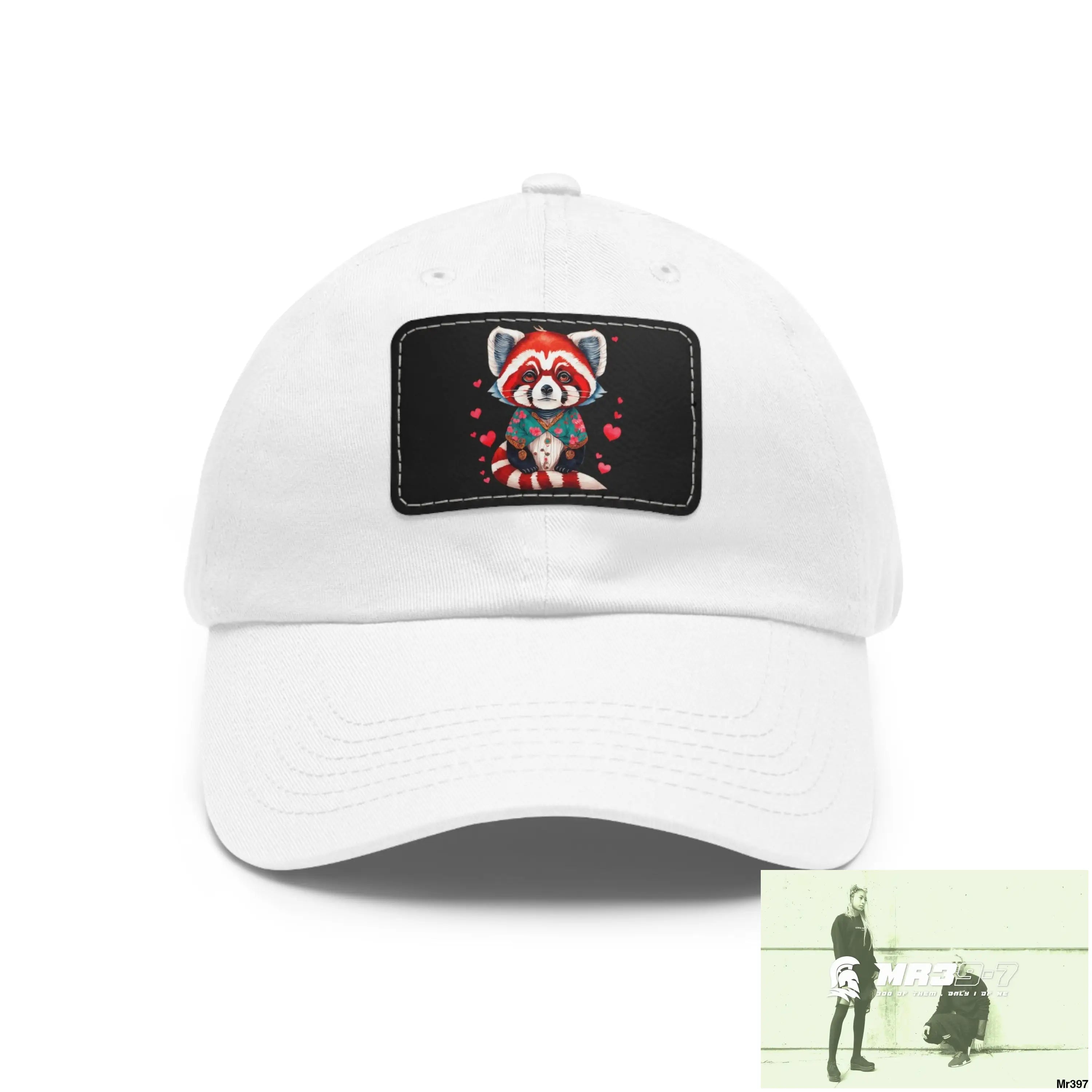Cute Red Panda with Love hearts Dad Hat with Leather Patch (Rectangle) White / Black patch / Rectangle / One size Hats
