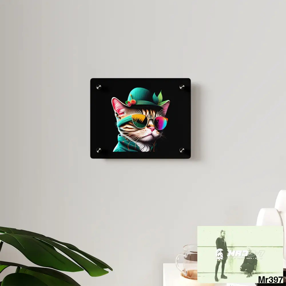 Dancing Cat with Sunglasses and Hat acrylic Art Panels Home Decor
