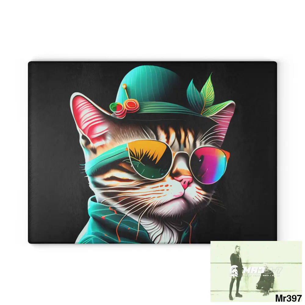 Dancing Cat with Sunglasses and Hat Cutting Board 11’’ x 15’’ / Rectangle Home Decor