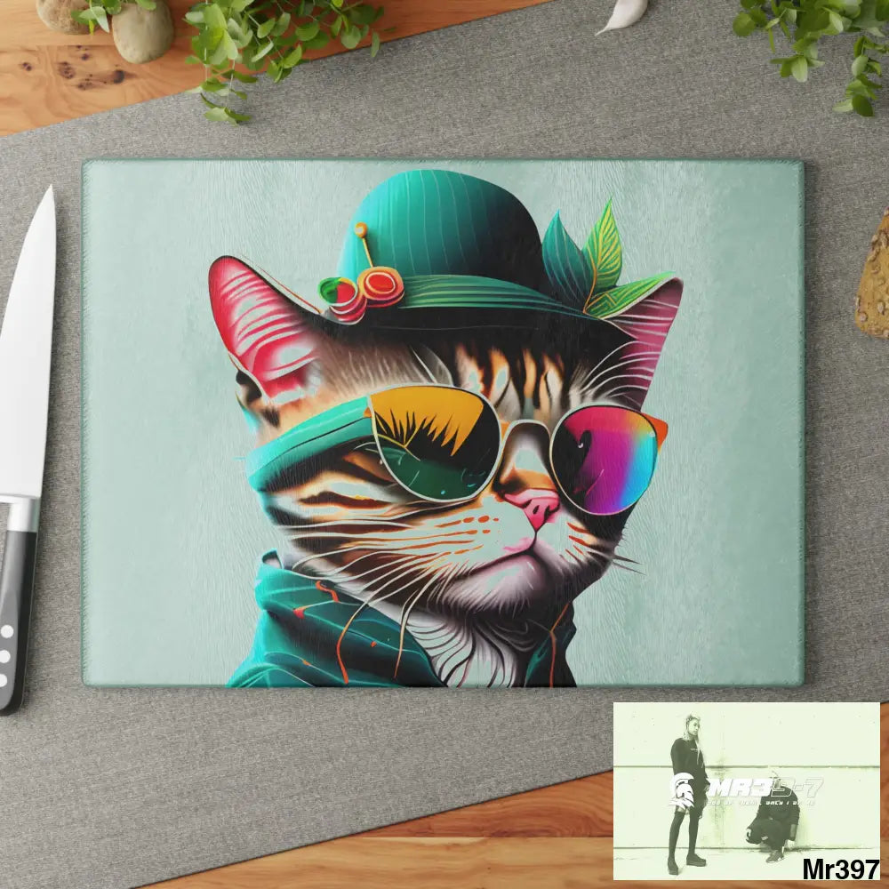 Dancing Cat with Sunglasses and Hat Cutting Board Home Decor