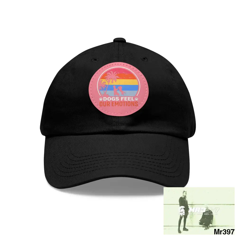 Dogs feel emotions Dad Hat with Leather Patch (Round) Black / Pink patch / Circle / One size Hats
