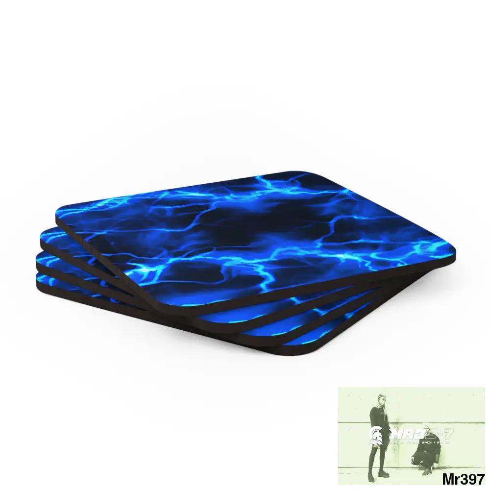 Electric Blue Lightening Corkwood Coaster Set Cork / 3.75’’ × 3.75’’ / Square Home Decor