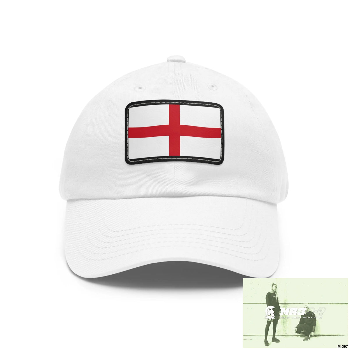 England Dad Hat with Leather Patch (Rectangle) White / Black patch / Rectangle / One size Hats