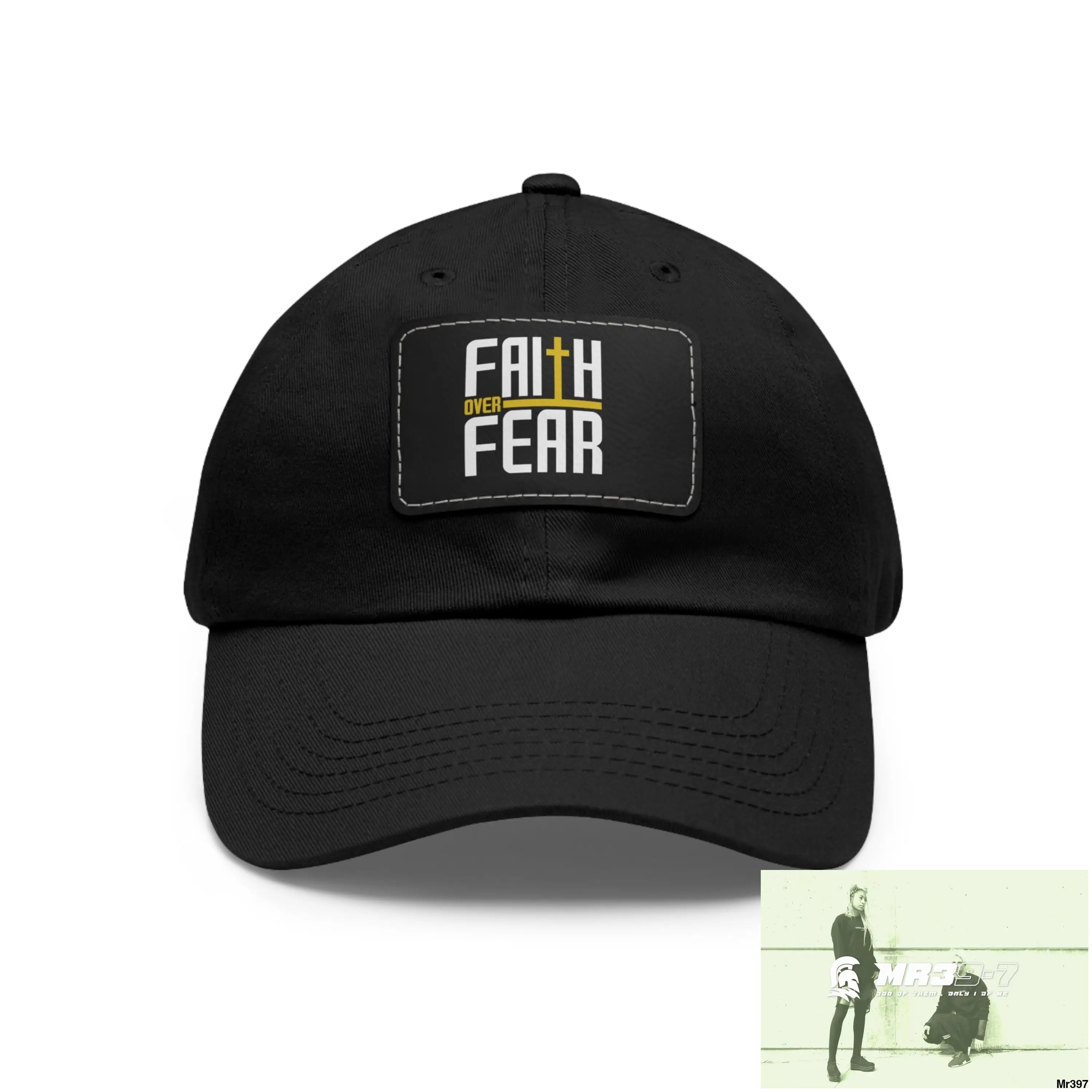 Faith over Fear Dad Hat with Leather Patch (Rectangle) Black / Black patch / Rectangle / One size Hats