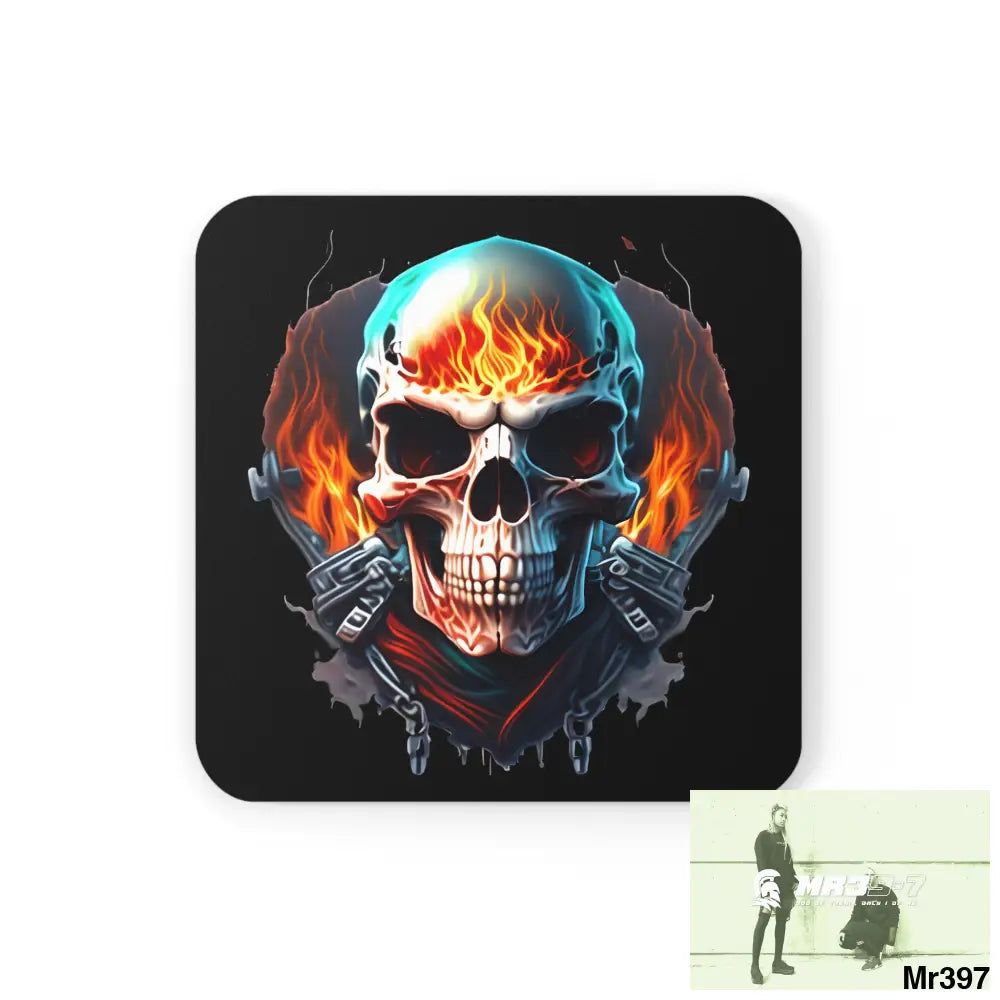 Flaming biker Skull Corkwood Coaster Set Cork / 3.75’’ × 3.75’’ / Square Home Decor