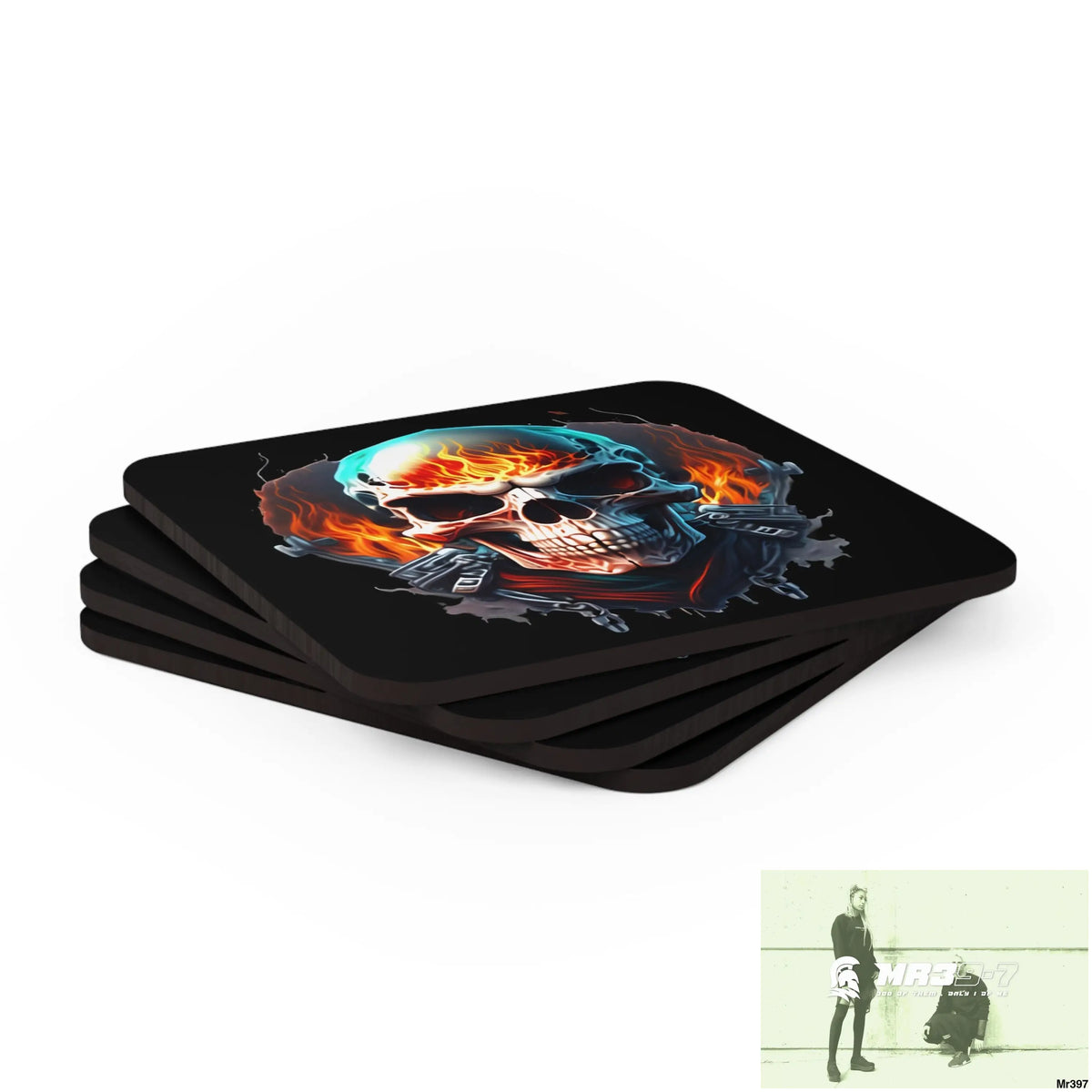 Flaming biker Skull Corkwood Coaster Set Cork / 3.75’’ × 3.75’’ / Square Home Decor