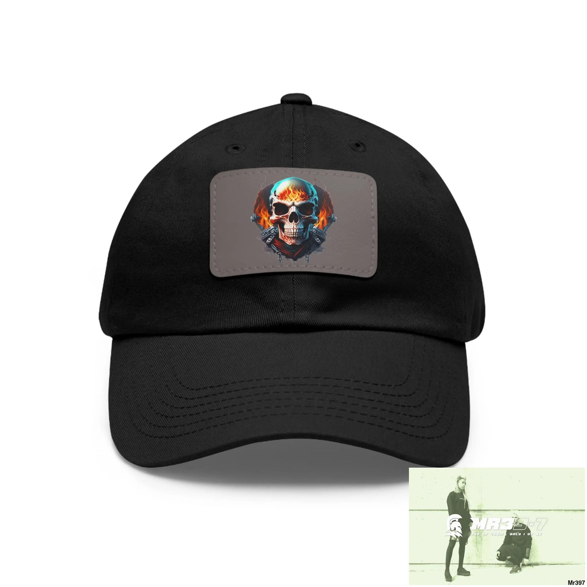 Flaming Biker Skull Dad Hat with Leather Patch (Rectangle) Black / Grey patch / Rectangle / One size Hats