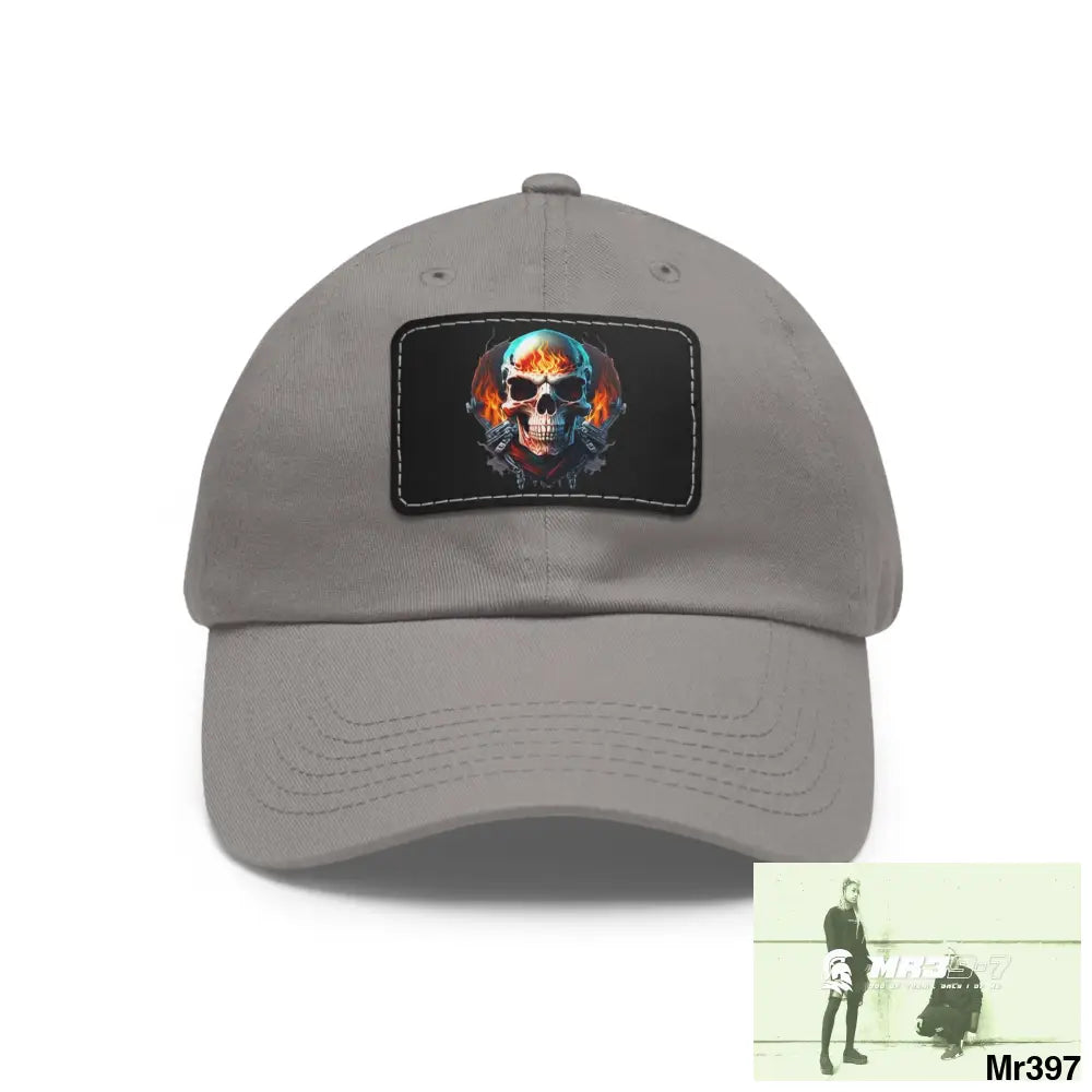 Flaming Biker Skull Dad Hat with Leather Patch (Rectangle) Grey / Black patch / Rectangle / One size Hats