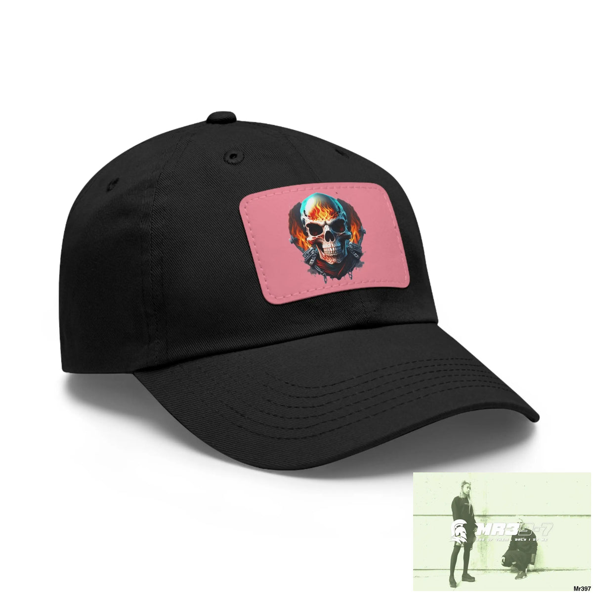 Flaming Biker Skull Dad Hat with Leather Patch (Rectangle) Hats