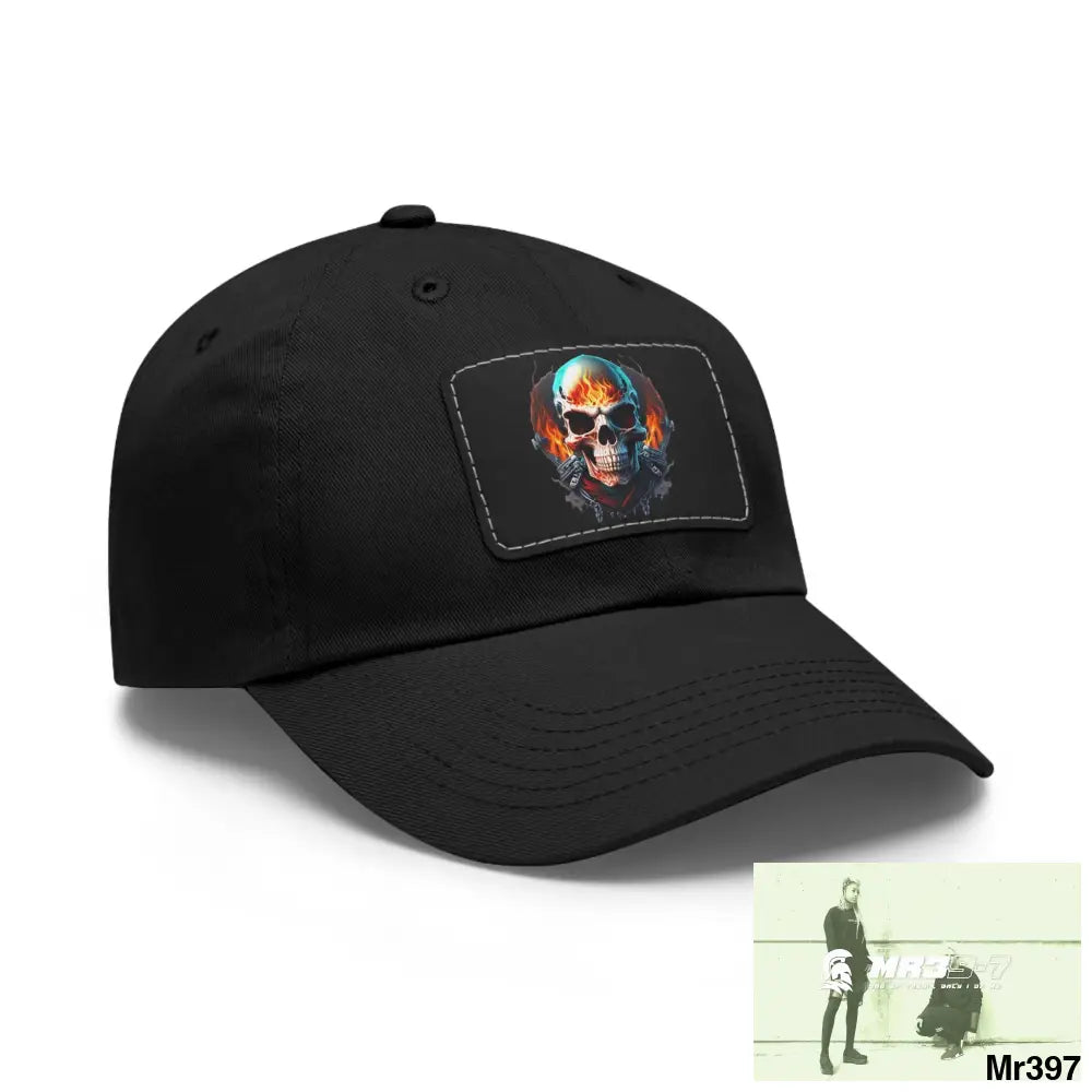 Flaming Biker Skull Dad Hat with Leather Patch (Rectangle) Hats
