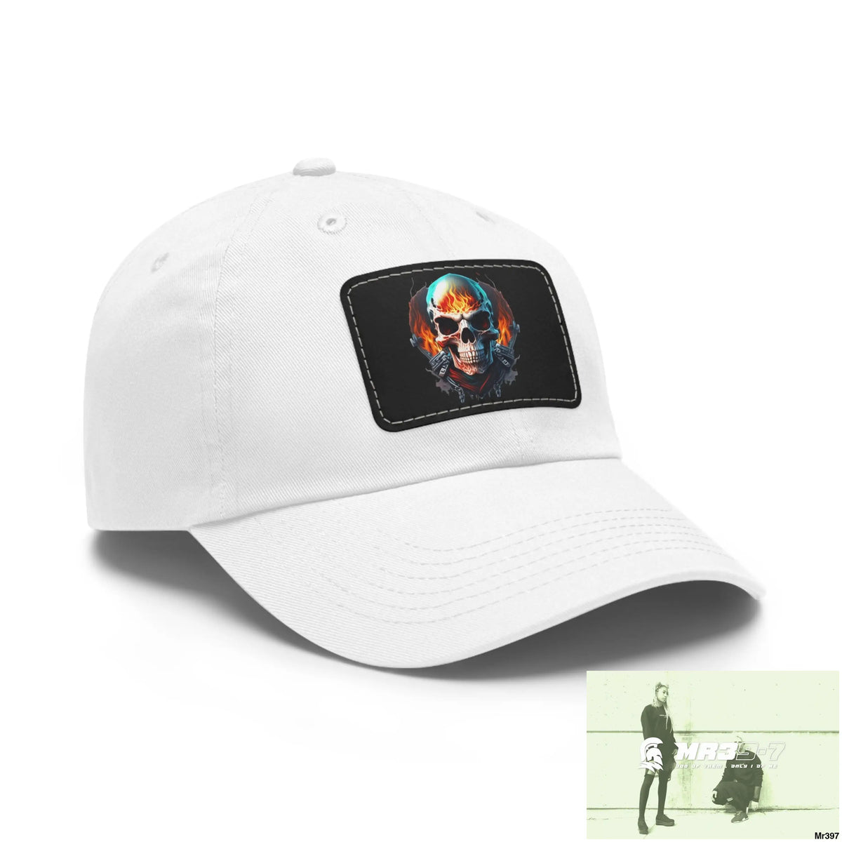 Flaming Biker Skull Dad Hat with Leather Patch (Rectangle) Hats
