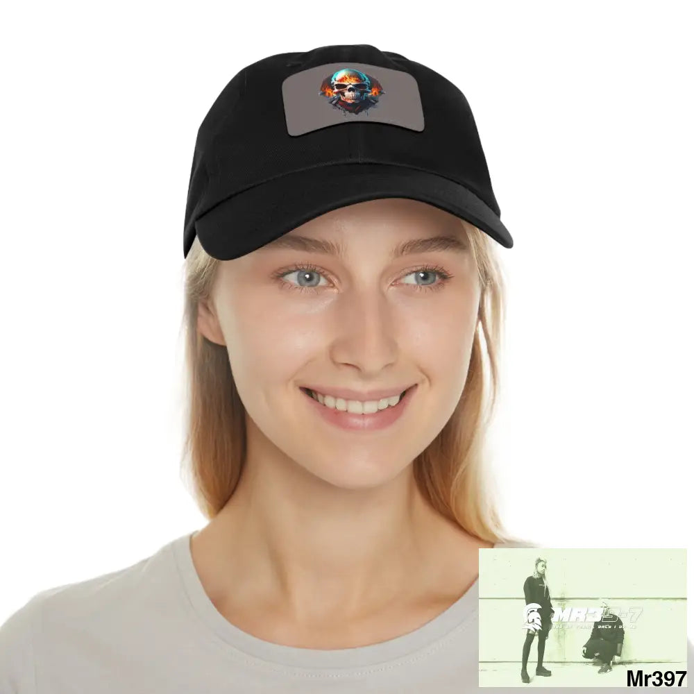 Flaming Biker Skull Dad Hat with Leather Patch (Rectangle) Hats