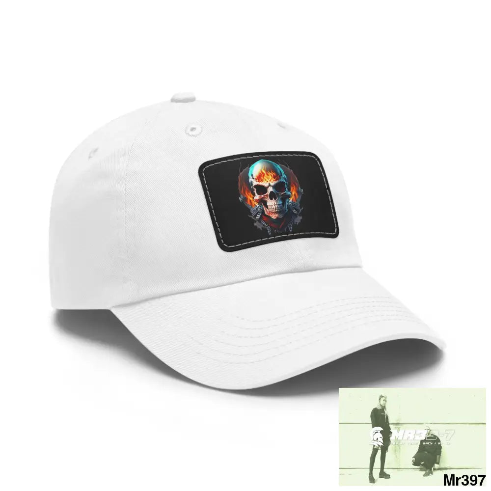 Flaming Biker Skull Dad Hat with Leather Patch (Rectangle) Hats