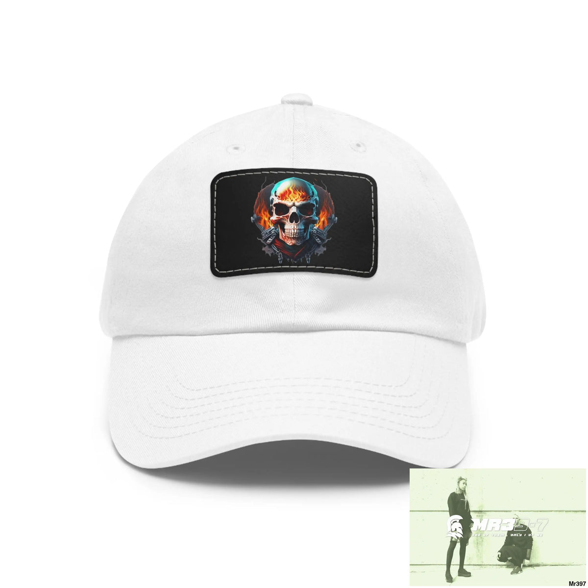 Flaming Biker Skull Dad Hat with Leather Patch (Rectangle) White / Black patch / Rectangle / One size Hats