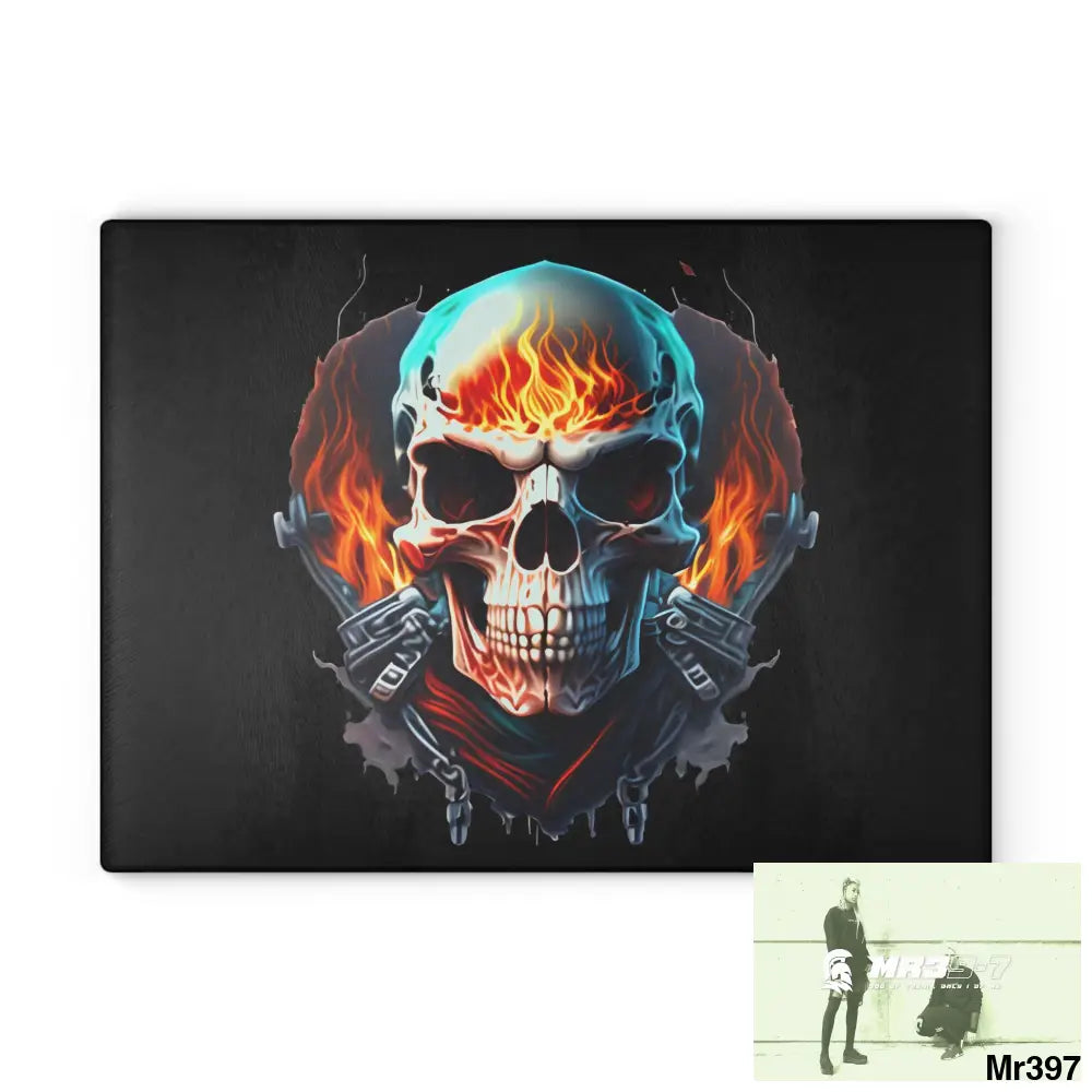 Flaming biker Skull Graphic Glass Cutting Board 11’’ x 15’’ / Rectangle Home Decor