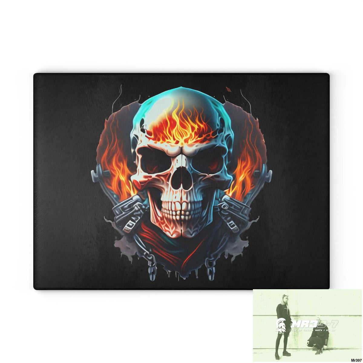 Flaming biker Skull Graphic Glass Cutting Board 11’’ x 15’’ / Rectangle Home Decor