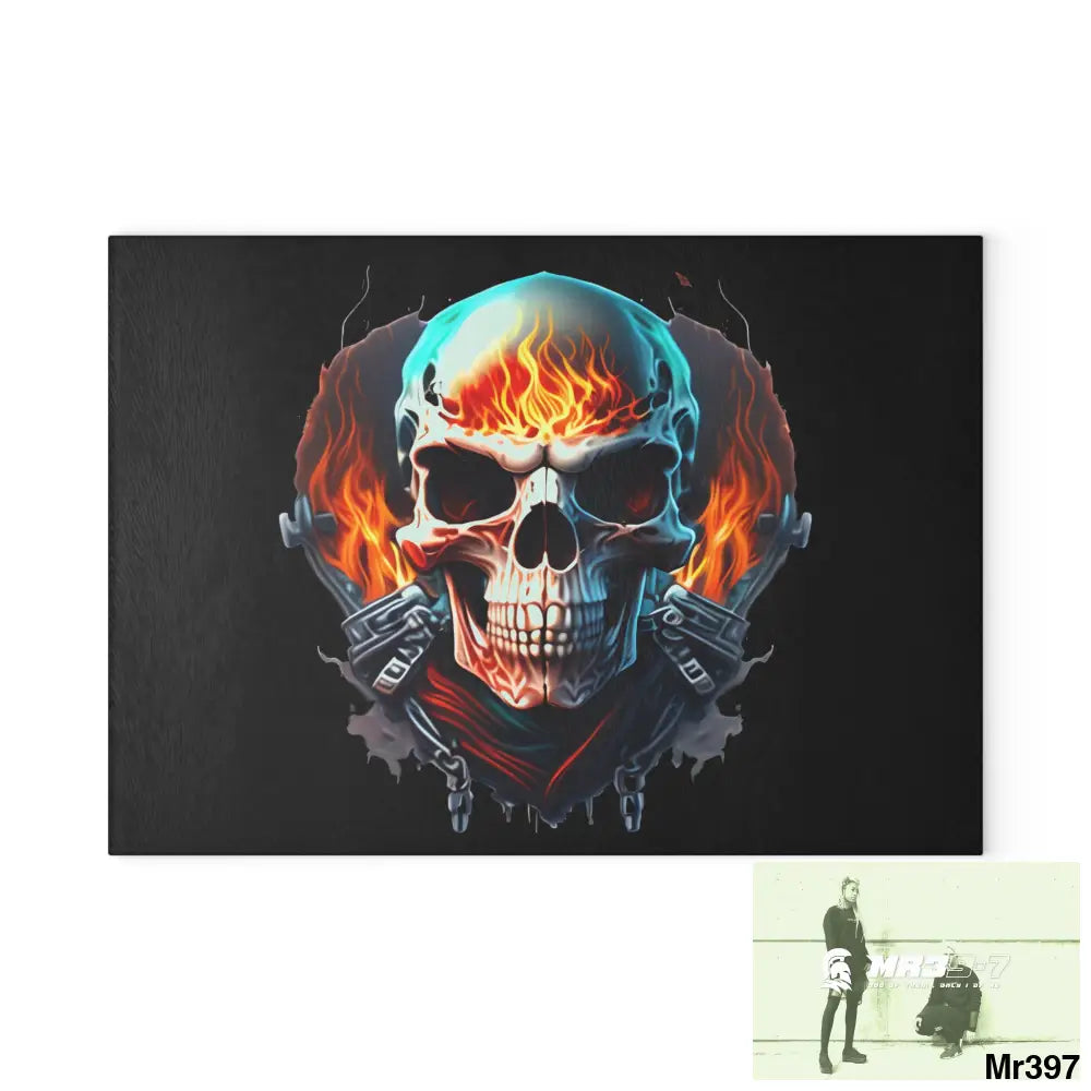 Flaming biker Skull Graphic Glass Cutting Board 8’’ x 11’’ / Rectangle Home Decor