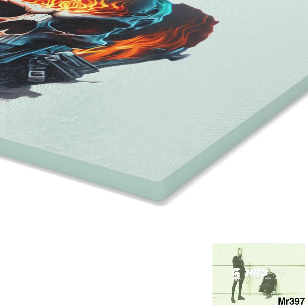 Flaming biker Skull Graphic Glass Cutting Board Home Decor