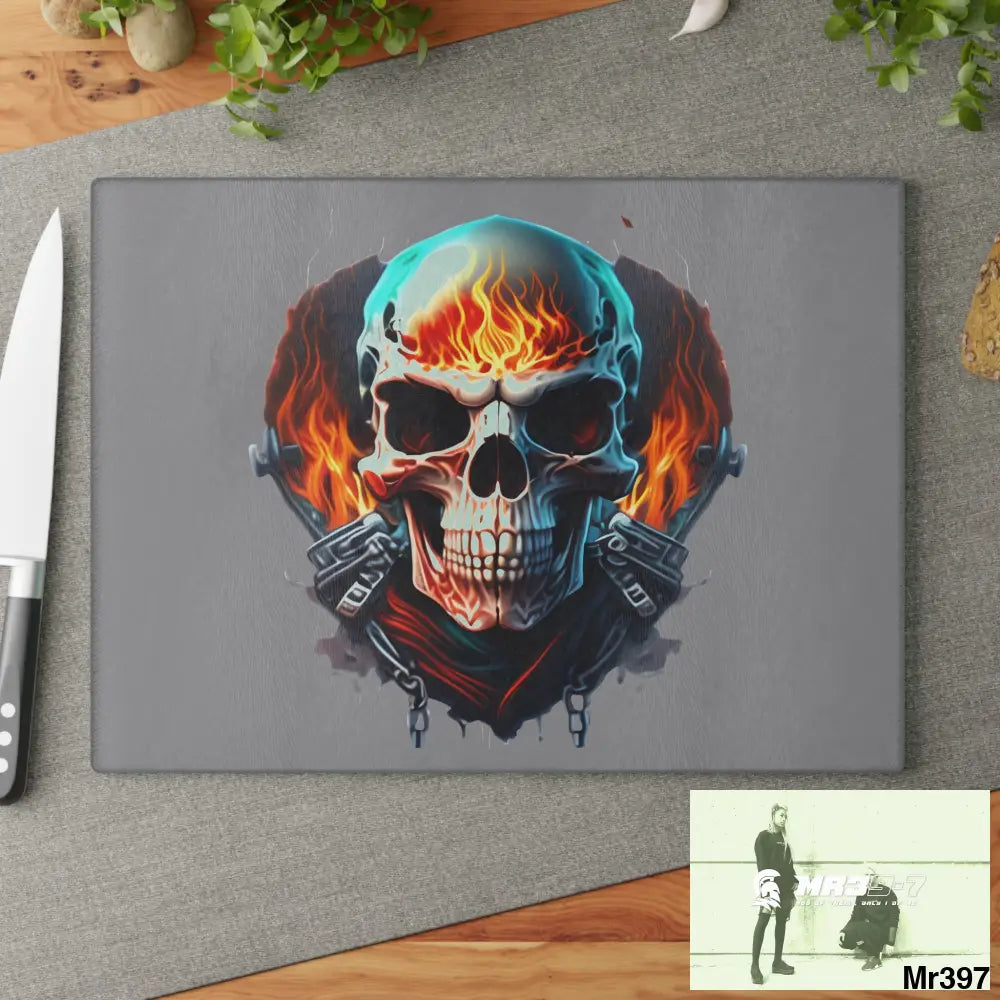 Flaming biker Skull Graphic Glass Cutting Board Home Decor