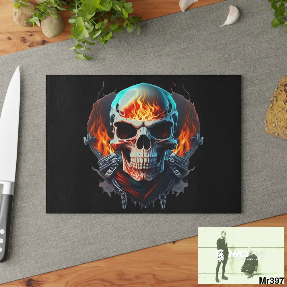 Flaming biker Skull Graphic Glass Cutting Board Home Decor
