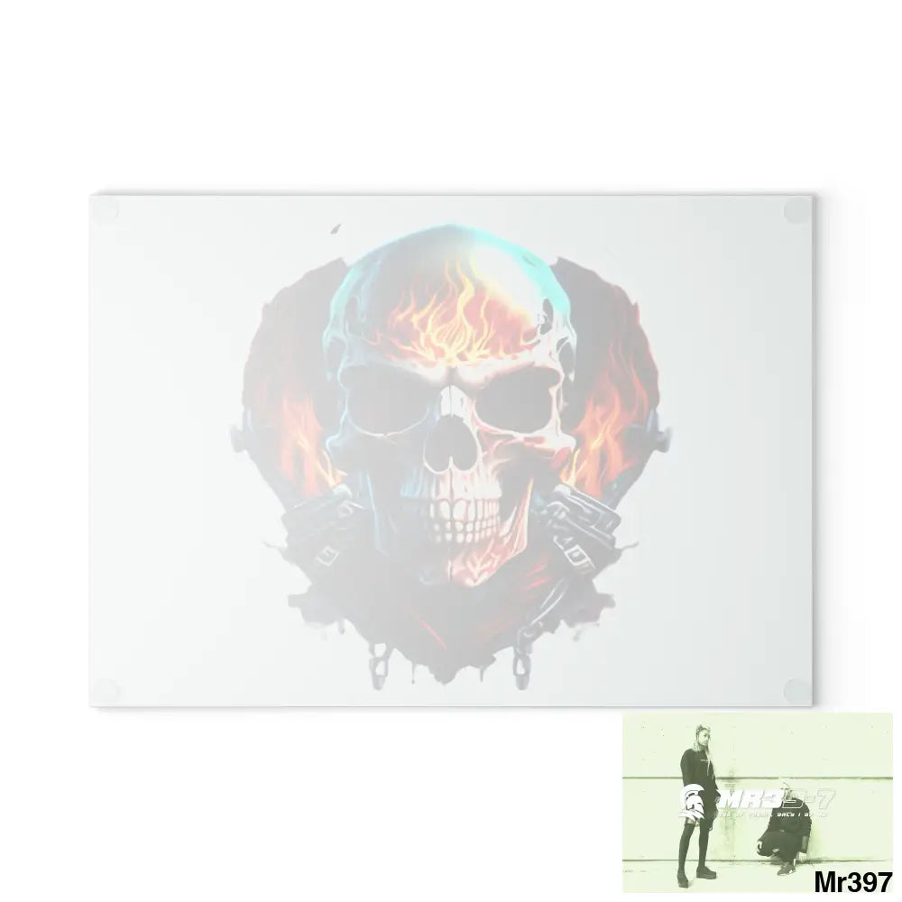 Flaming biker Skull Graphic Glass Cutting Board Home Decor