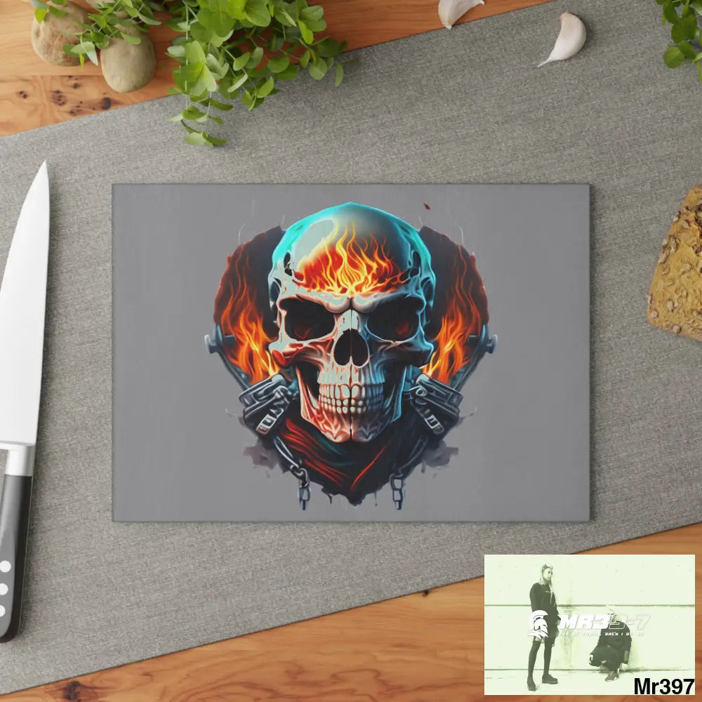 Flaming biker Skull Graphic Glass Cutting Board Home Decor