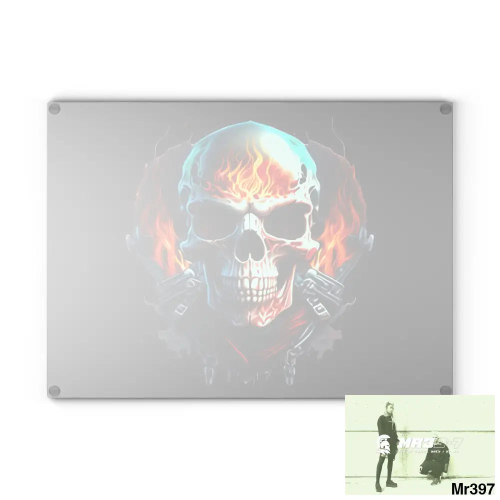 Flaming biker Skull Graphic Glass Cutting Board Home Decor