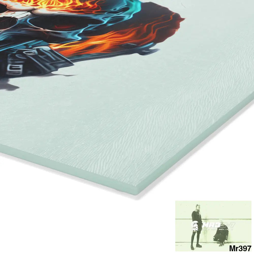 Flaming biker Skull Graphic Glass Cutting Board Home Decor