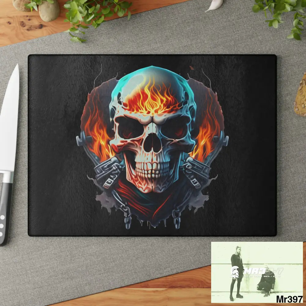 Flaming biker Skull Graphic Glass Cutting Board Home Decor