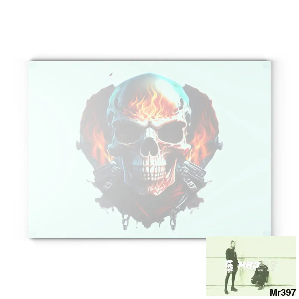 Flaming biker Skull Graphic Glass Cutting Board Home Decor