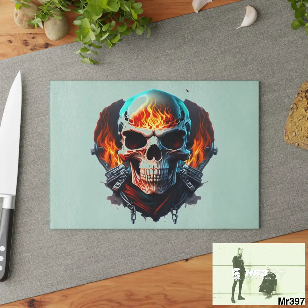 Flaming biker Skull Graphic Glass Cutting Board Home Decor