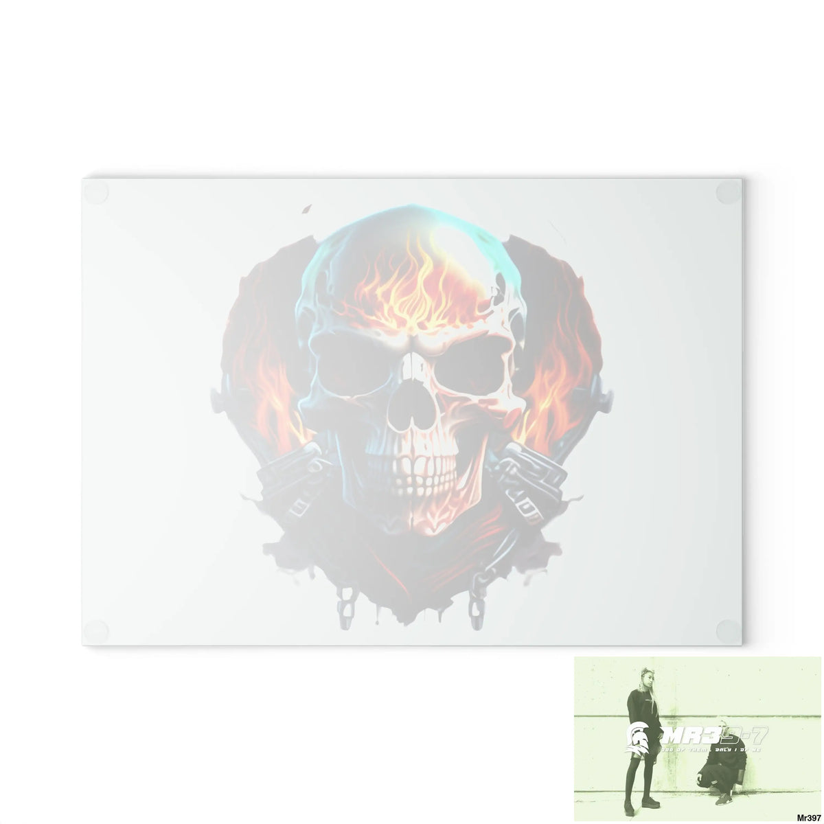 Flaming biker Skull Graphic Glass Cutting Board Home Decor