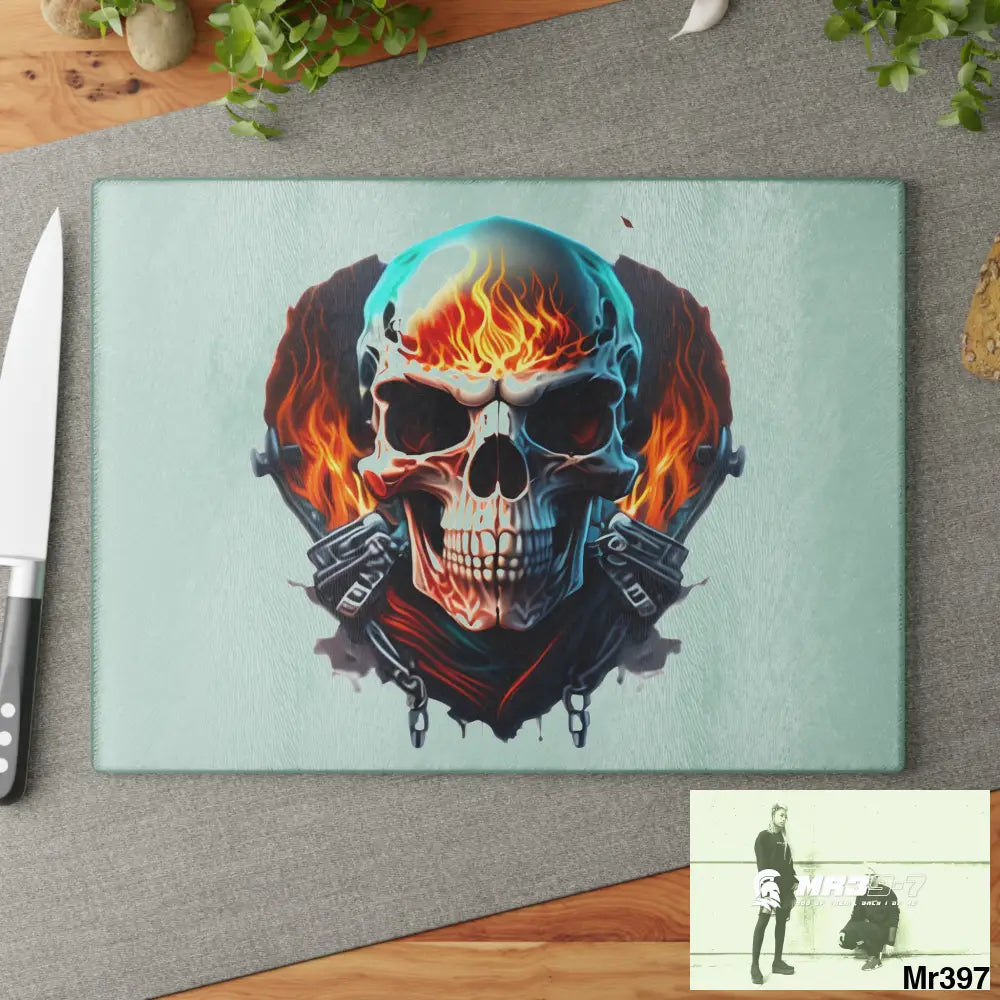 Flaming biker Skull Graphic Glass Cutting Board Home Decor
