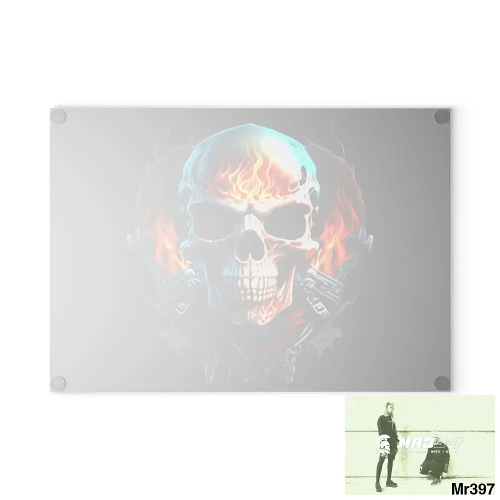 Flaming biker Skull Graphic Glass Cutting Board Home Decor