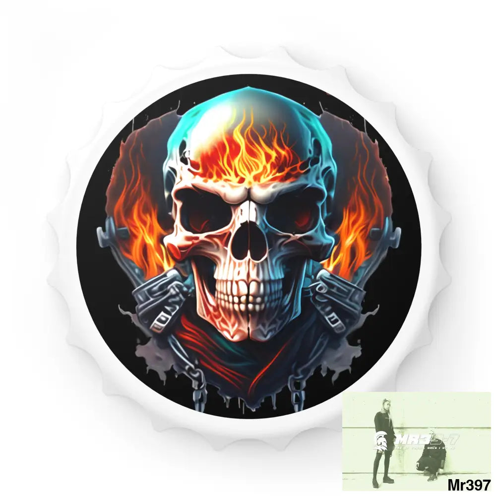 Flaming biker Skull graphic Magnetic Bottle Opener One size / White Accessories