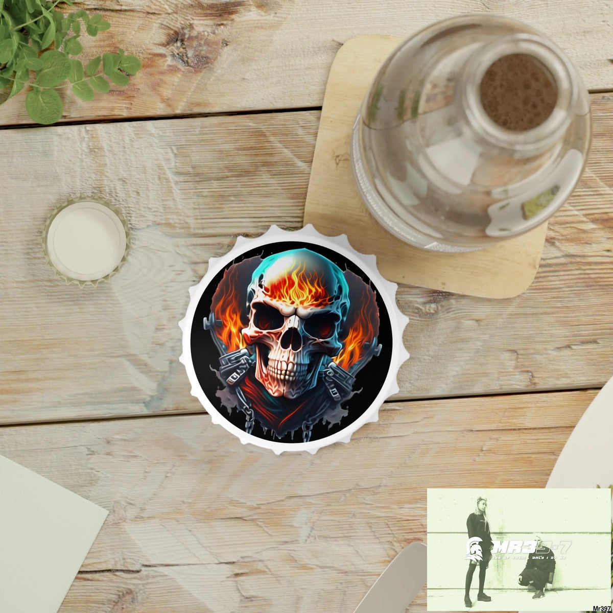 Flaming biker Skull graphic Magnetic Bottle Opener One size / White Accessories