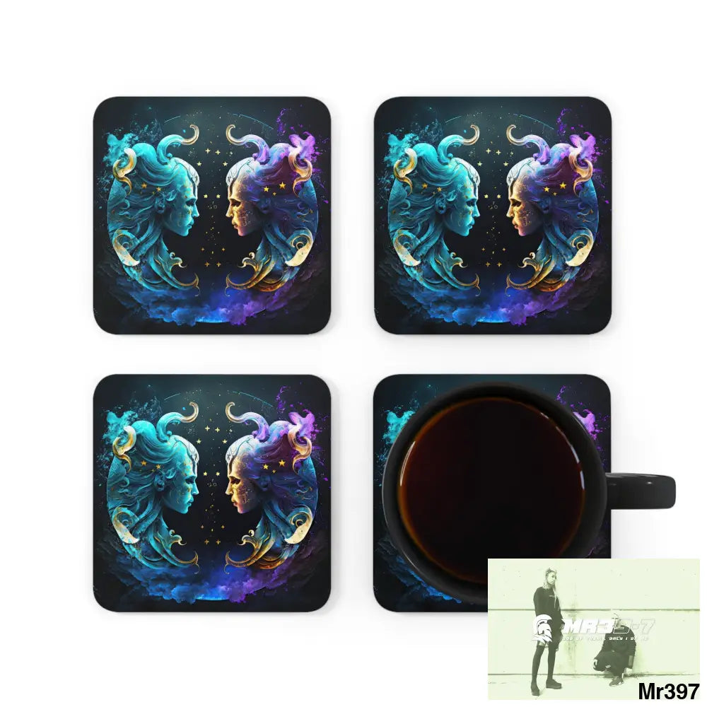 Gemini Zodiac Coaster Set Cork / 3.75’’ × 3.75’’ / Square Home Decor