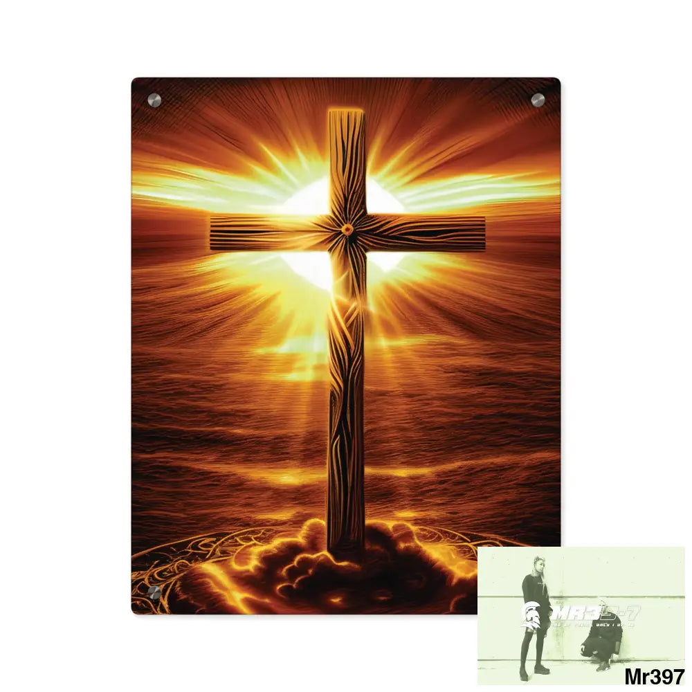 Golden Sunrise Old Rugged Cross Celestial Ambient Faith Hyper Realistic Acrylic Wall Art Panels 16″ x 20″ (Vertical)