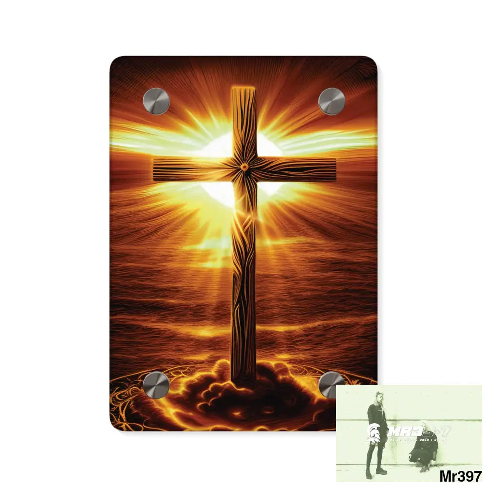 Golden Sunrise Old Rugged Cross Celestial Ambient Faith Hyper Realistic Acrylic Wall Art Panels 5’’ x 7’’ (Vertical)