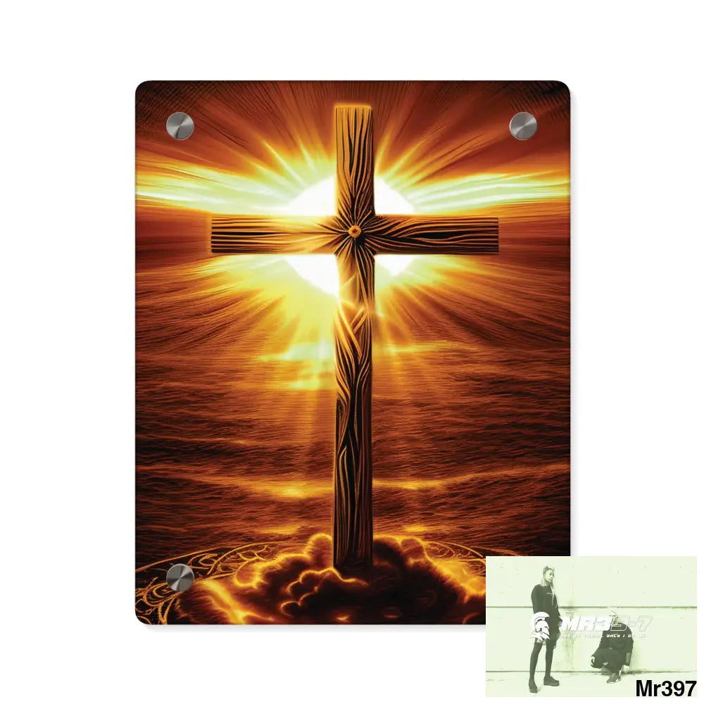 Golden Sunrise Old Rugged Cross Celestial Ambient Faith Hyper Realistic Acrylic Wall Art Panels 8″ x 10″ (Vertical)