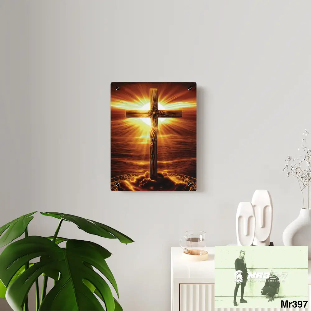 Golden Sunrise Old Rugged Cross Celestial Ambient Faith Hyper Realistic Acrylic Wall Art Panels Home Decor