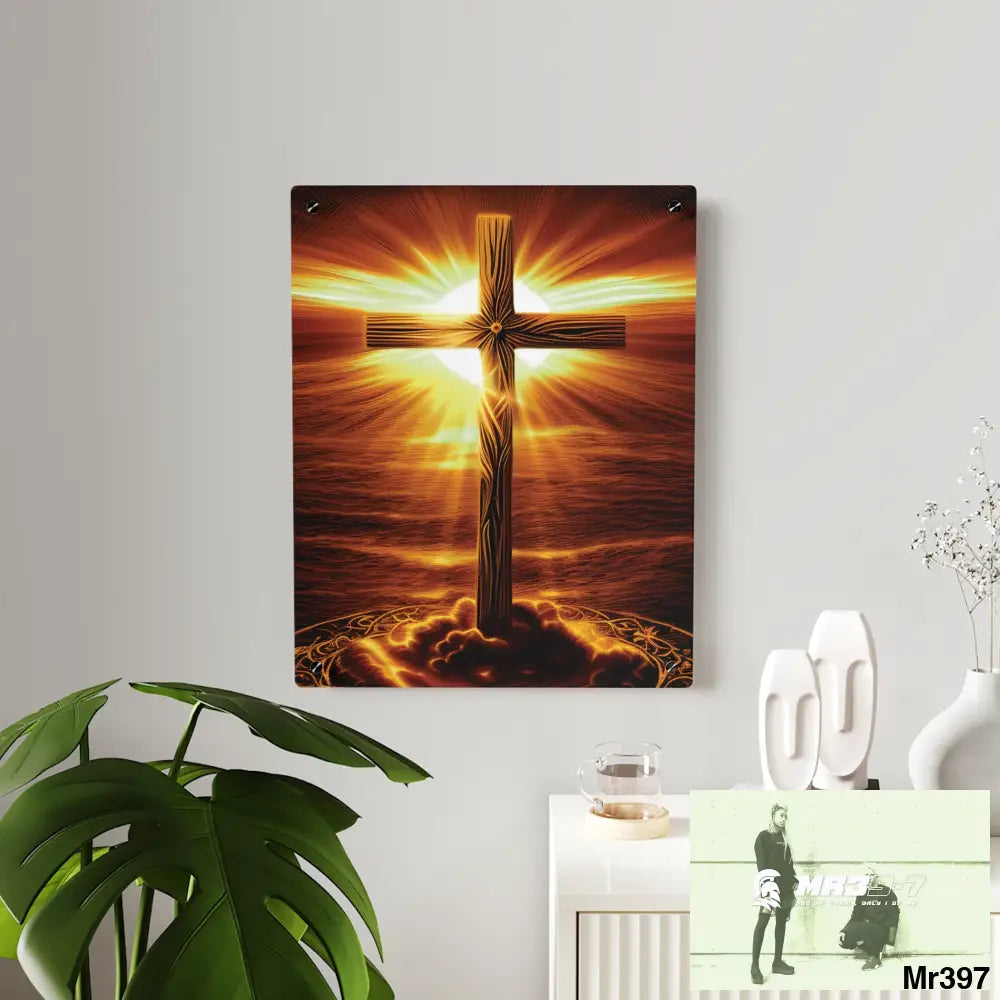 Golden Sunrise Old Rugged Cross Celestial Ambient Faith Hyper Realistic Acrylic Wall Art Panels Home Decor